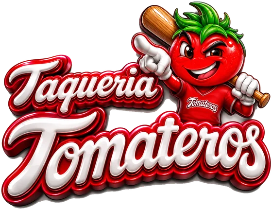 Logo 3D de Taqueria Tomateros: letras rojas y blancas con el tomate mascota con bate de béisbol